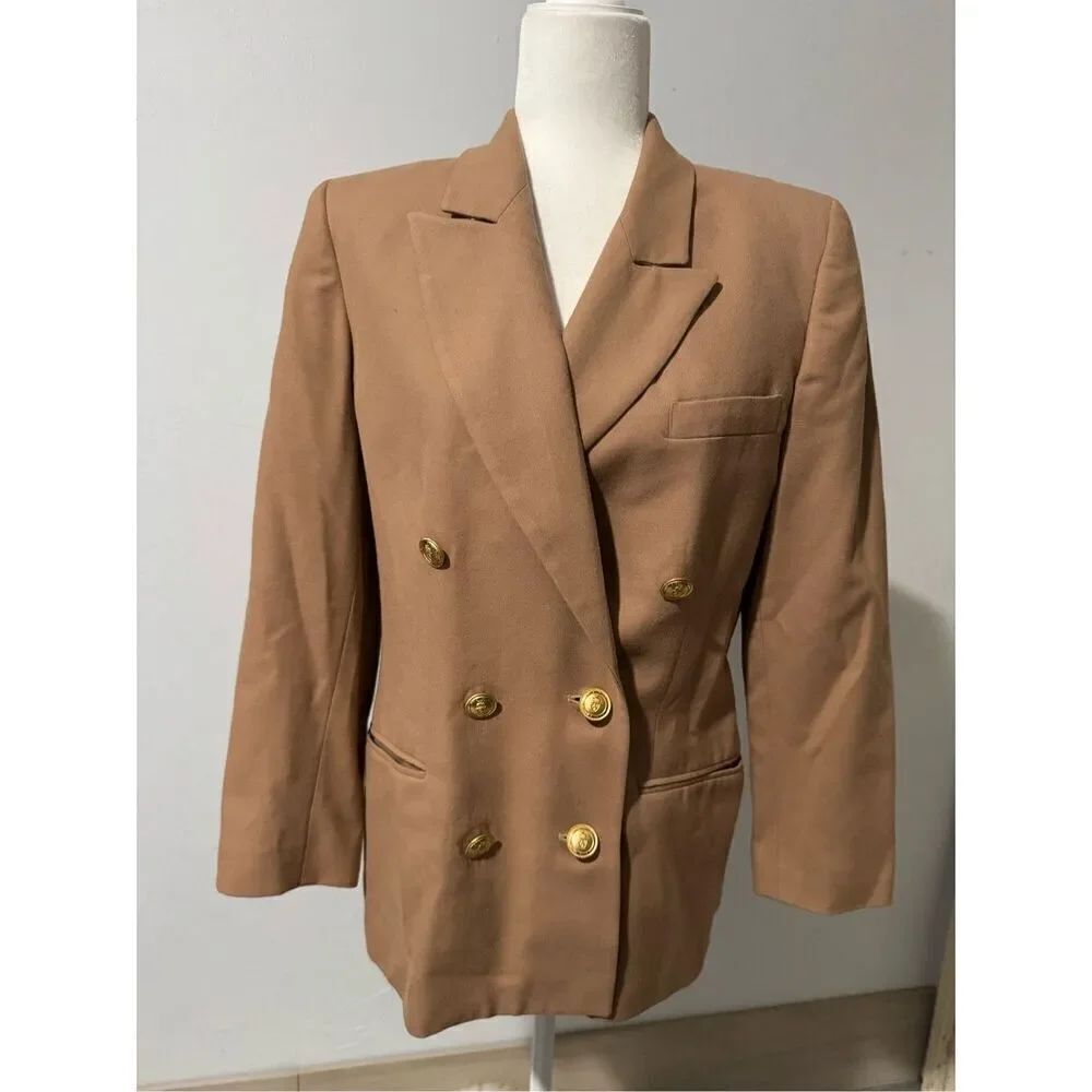 Talbots 100% worsted wool vintage double breasted blazer gold accent crest butto